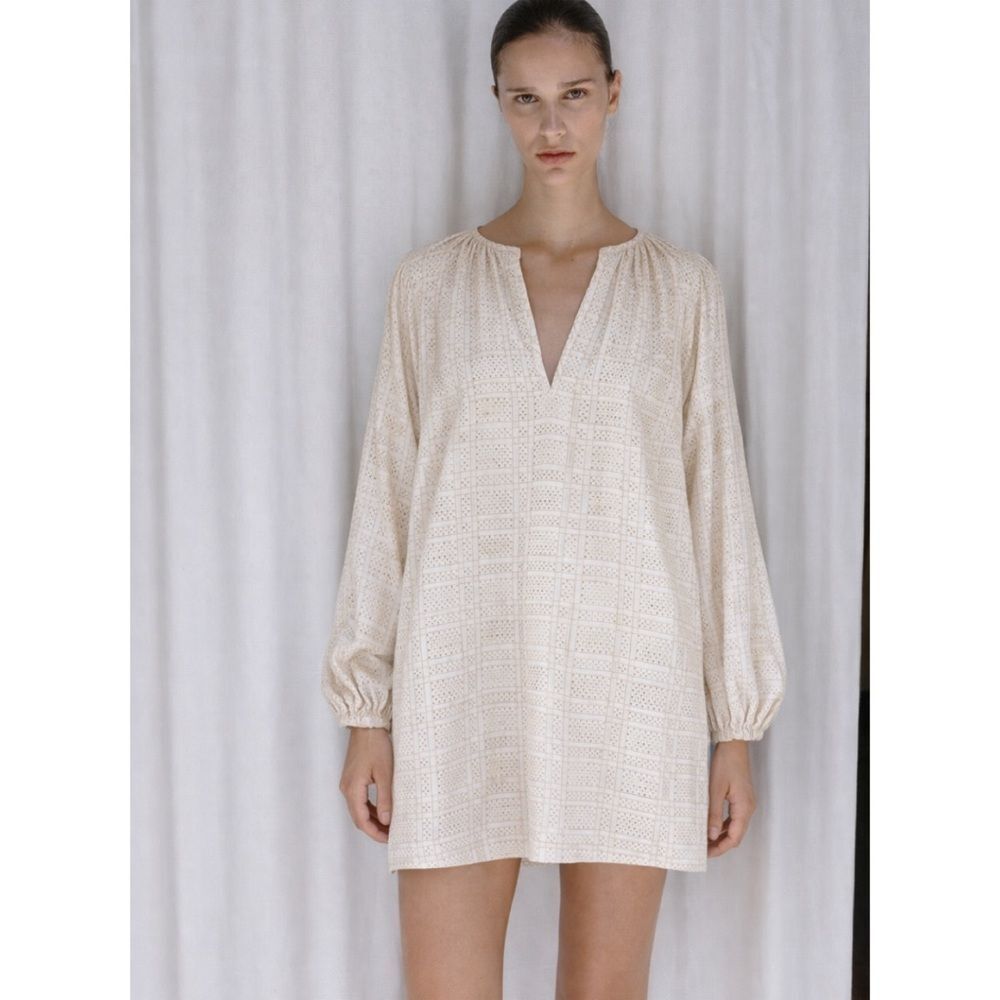 Matin Studio Cream Cotton Eyelet Billow Sleeve Mini Dress AU 8 US 4 | Tunic